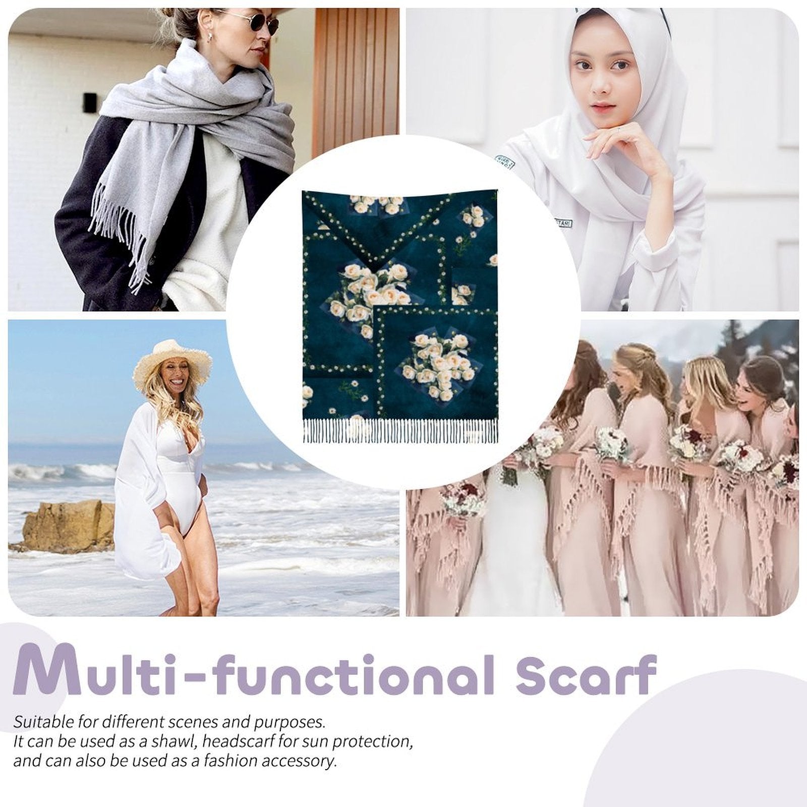 Floribunda & Indigo Patchwork Tassel Scarf - Cashmere-Feel 79"×28"