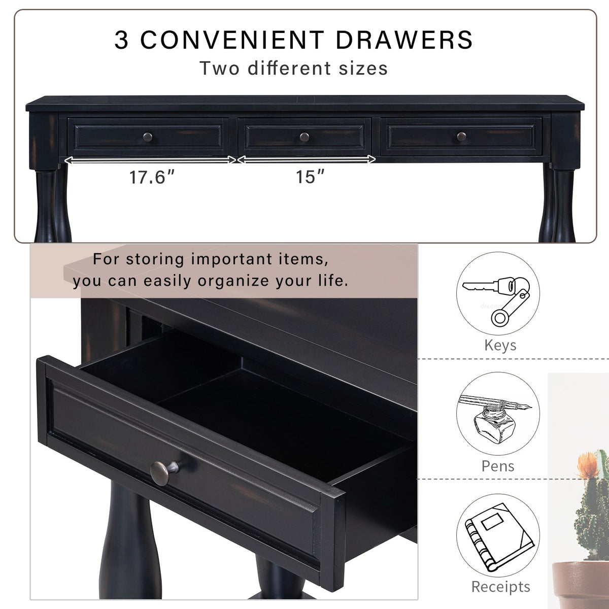 63" Console Table with Drawers and Shelf - Espresso