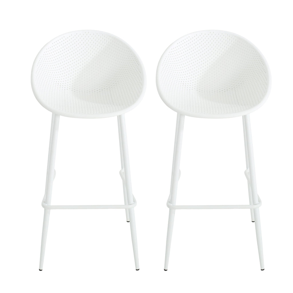 Modern Gable Outdoor Barstool Set of 2 with Perforated Design - White
