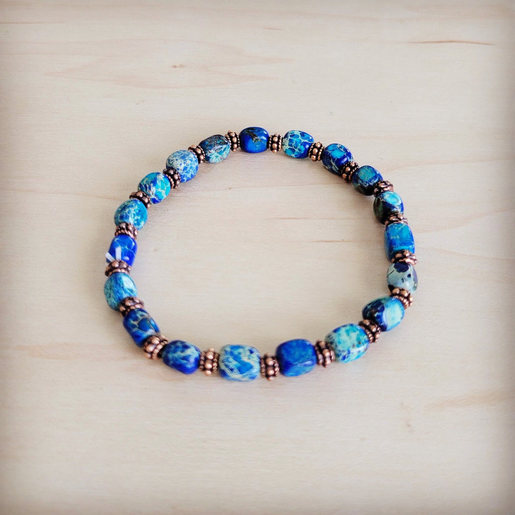 Genuine Regalite and Copper Stretch Beaded Bracelet Denim 812f