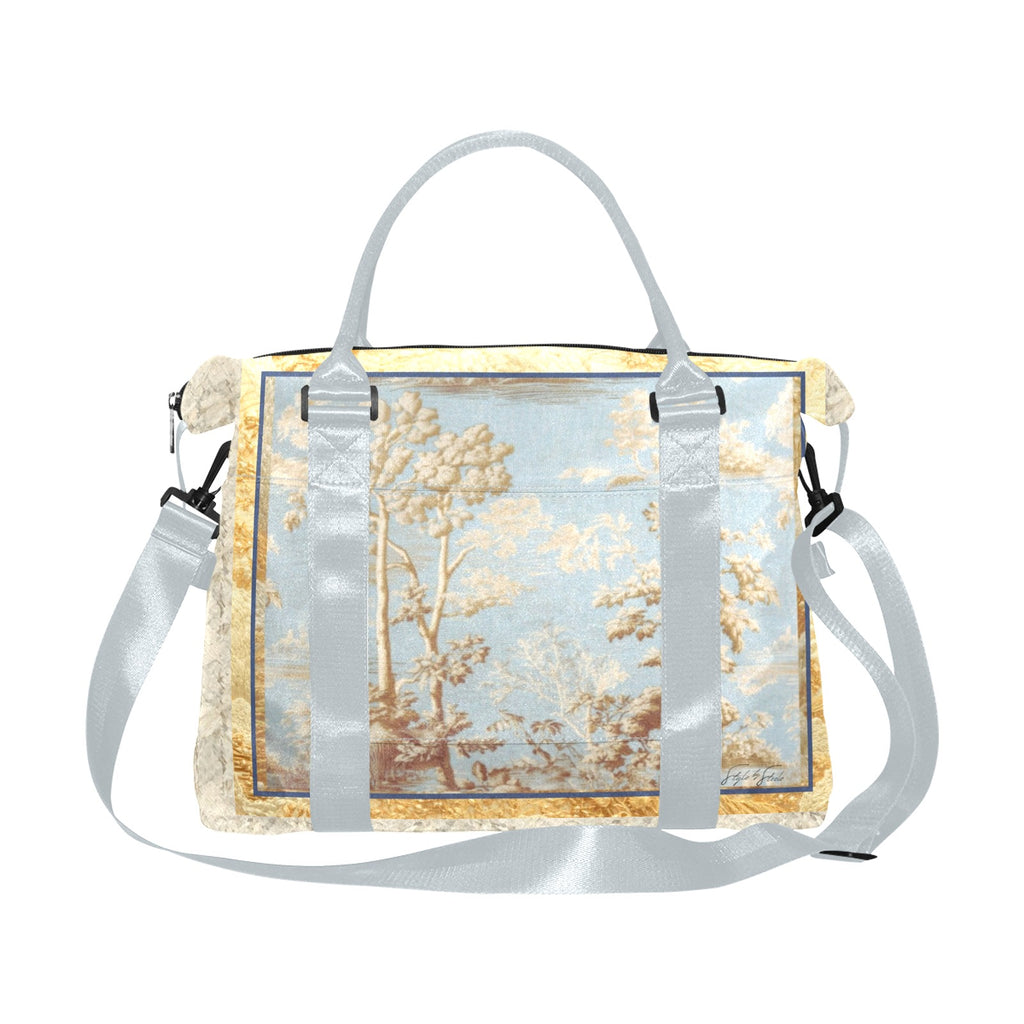 Gold Tapestry Blue Toile Smaller Duffle Travel Bag — Back Alley Exclusive
