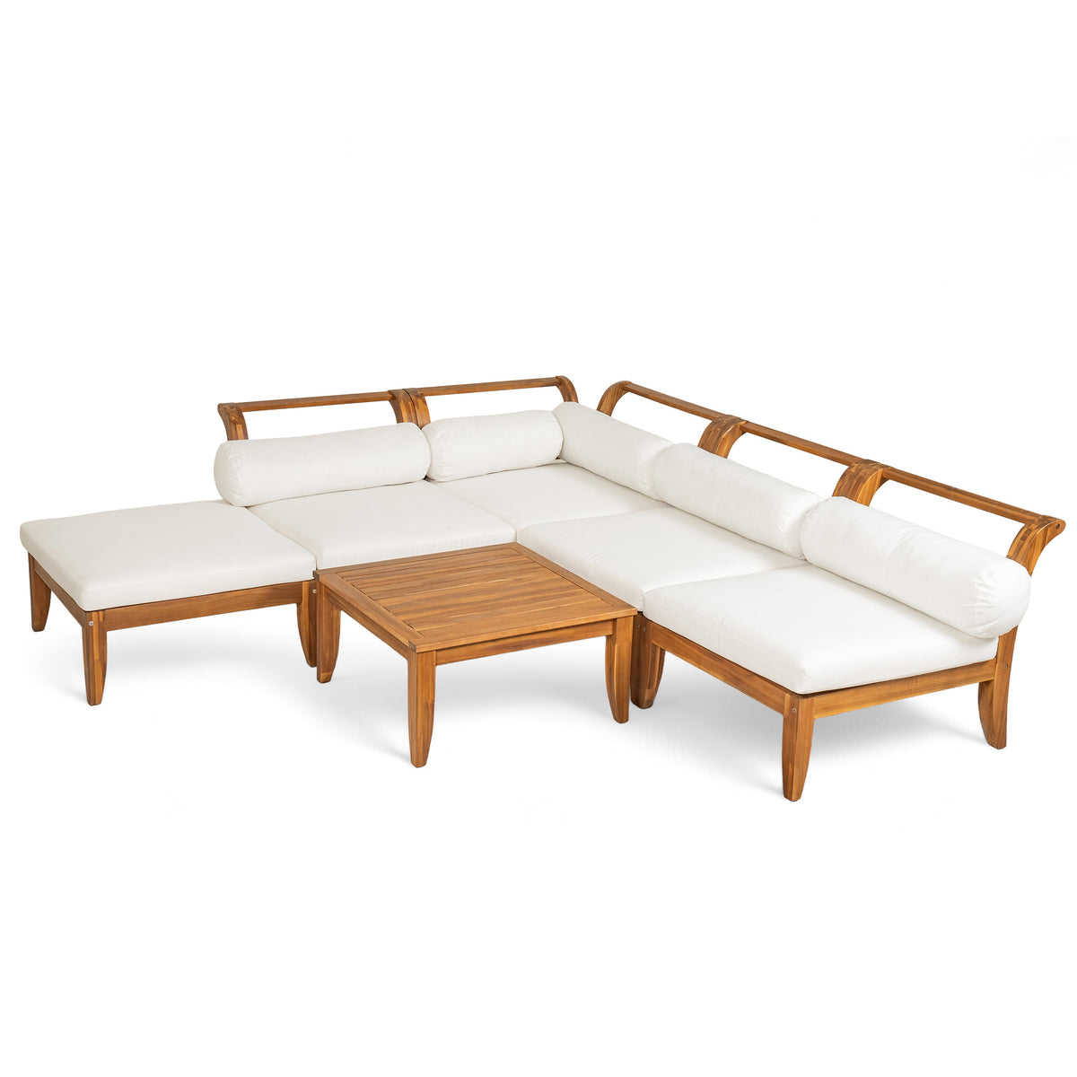 6 Piece Acacia Wood Outdoor Modular Sectional with Daybed - Teak Beige
