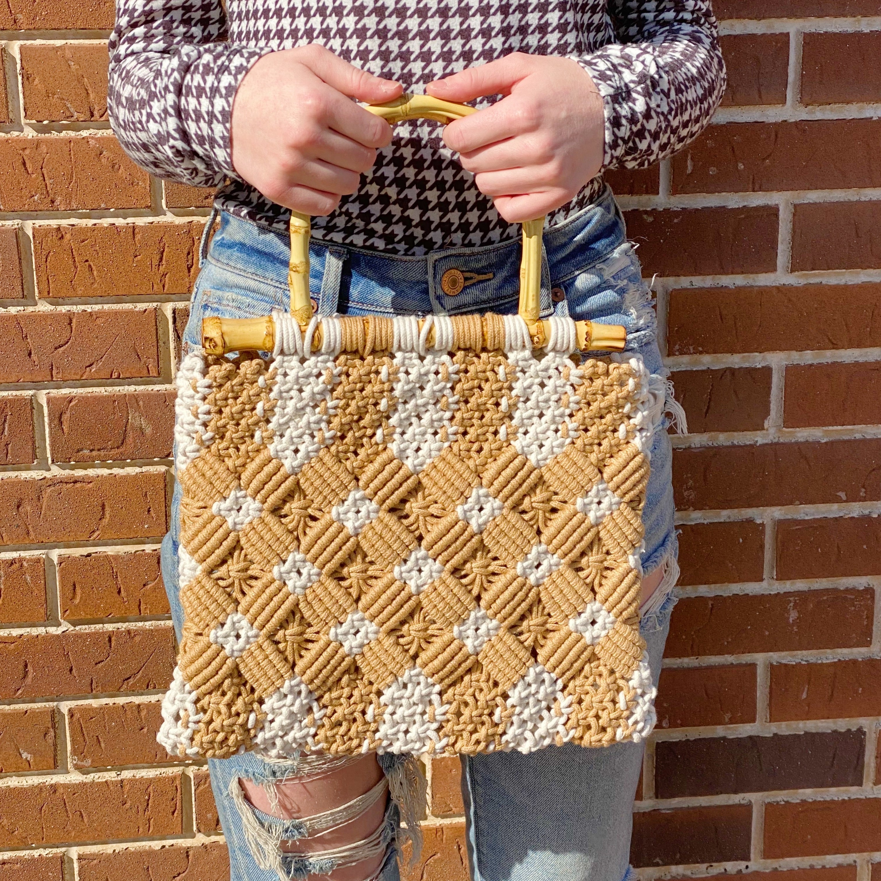 Bamboo Macramé Tote - Woven Bamboo Handle Bag