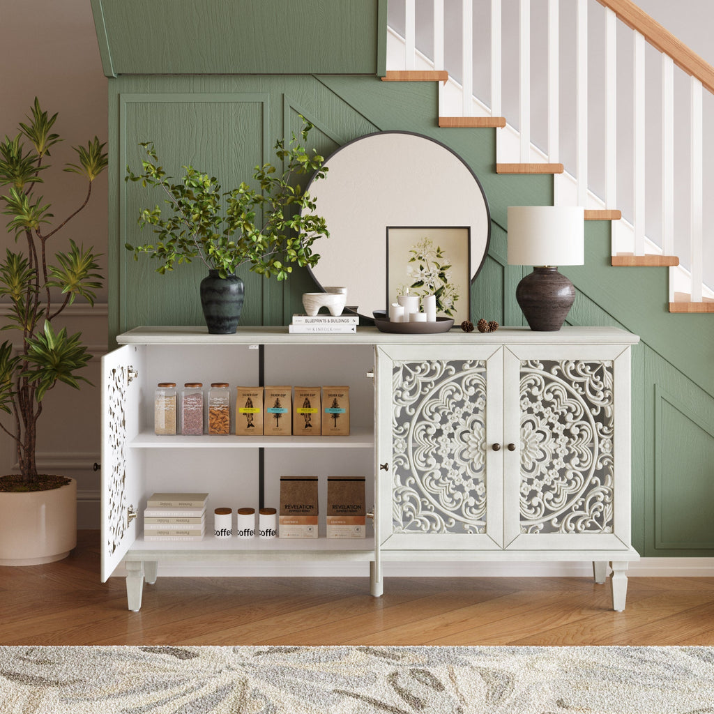 Antique Buffet Cabinet with Floral Carvings and Solid Wood Legs - Antique Grey White