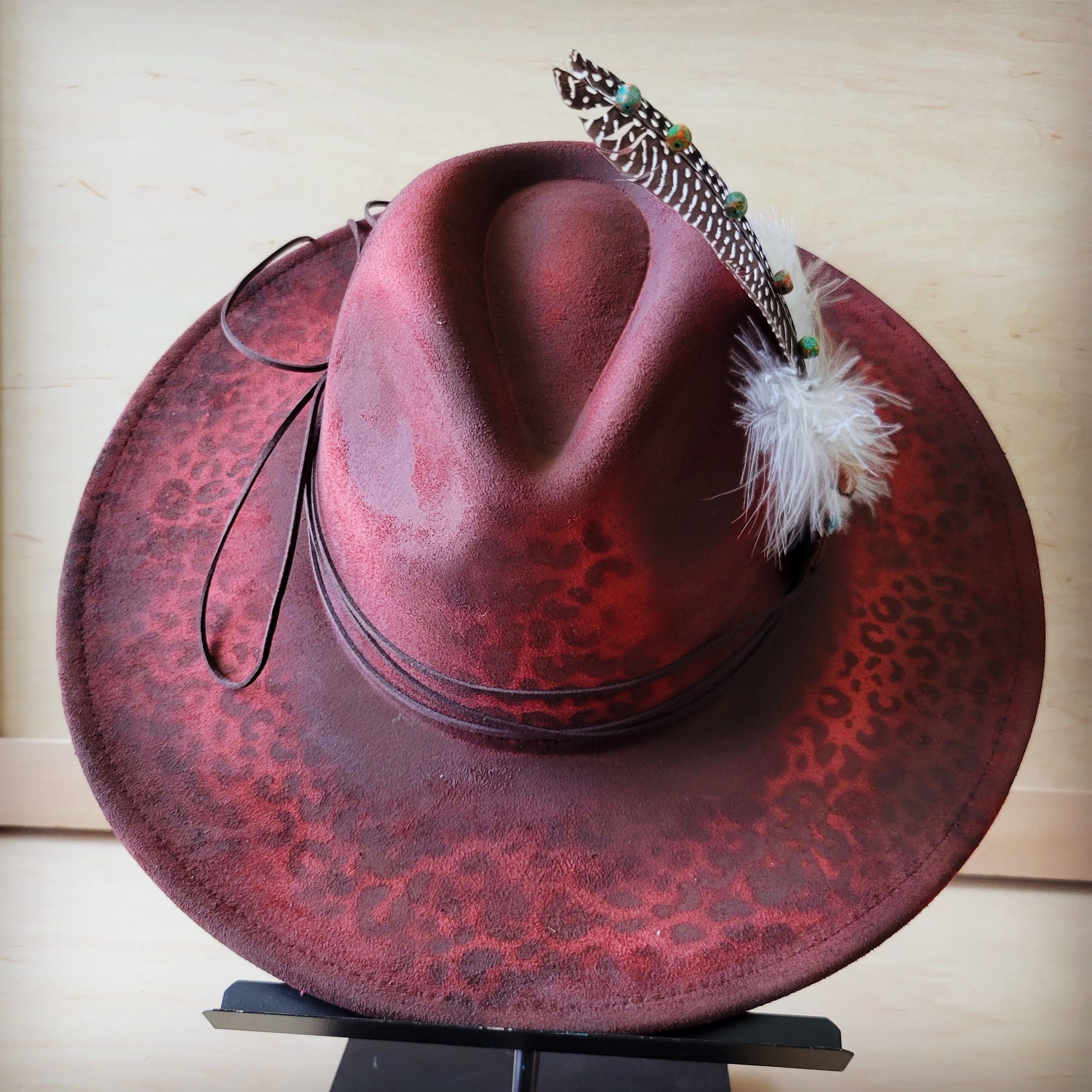 Hand-Painted Leopard Boho Western Cowgirl Hat & Band-Red 987k