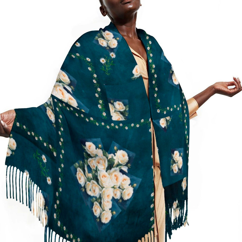 Floribunda & Indigo Patchwork Tassel Scarf - Cashmere-Feel 79"×28"