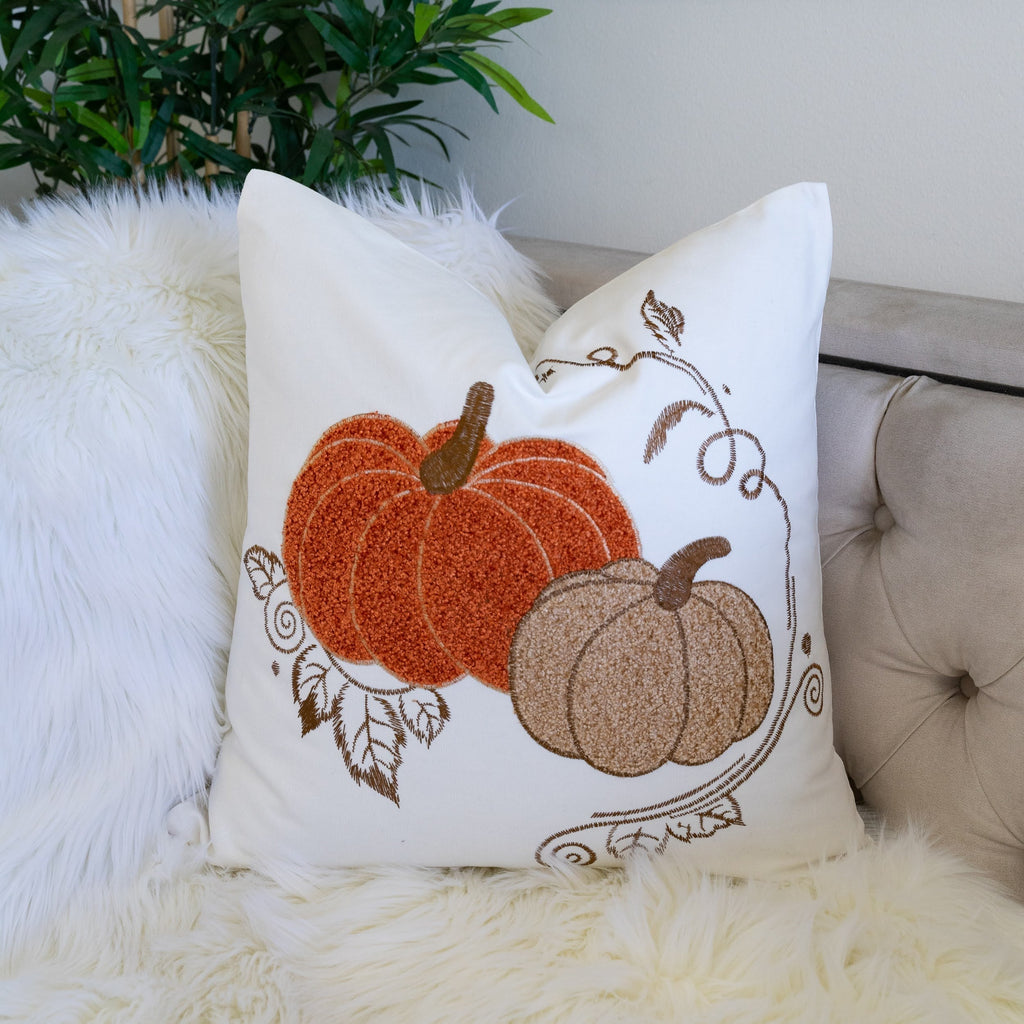 Embroidered Harvest Pumpkin Throw Pillow with Autumn Detailing - White/Rust/Gold