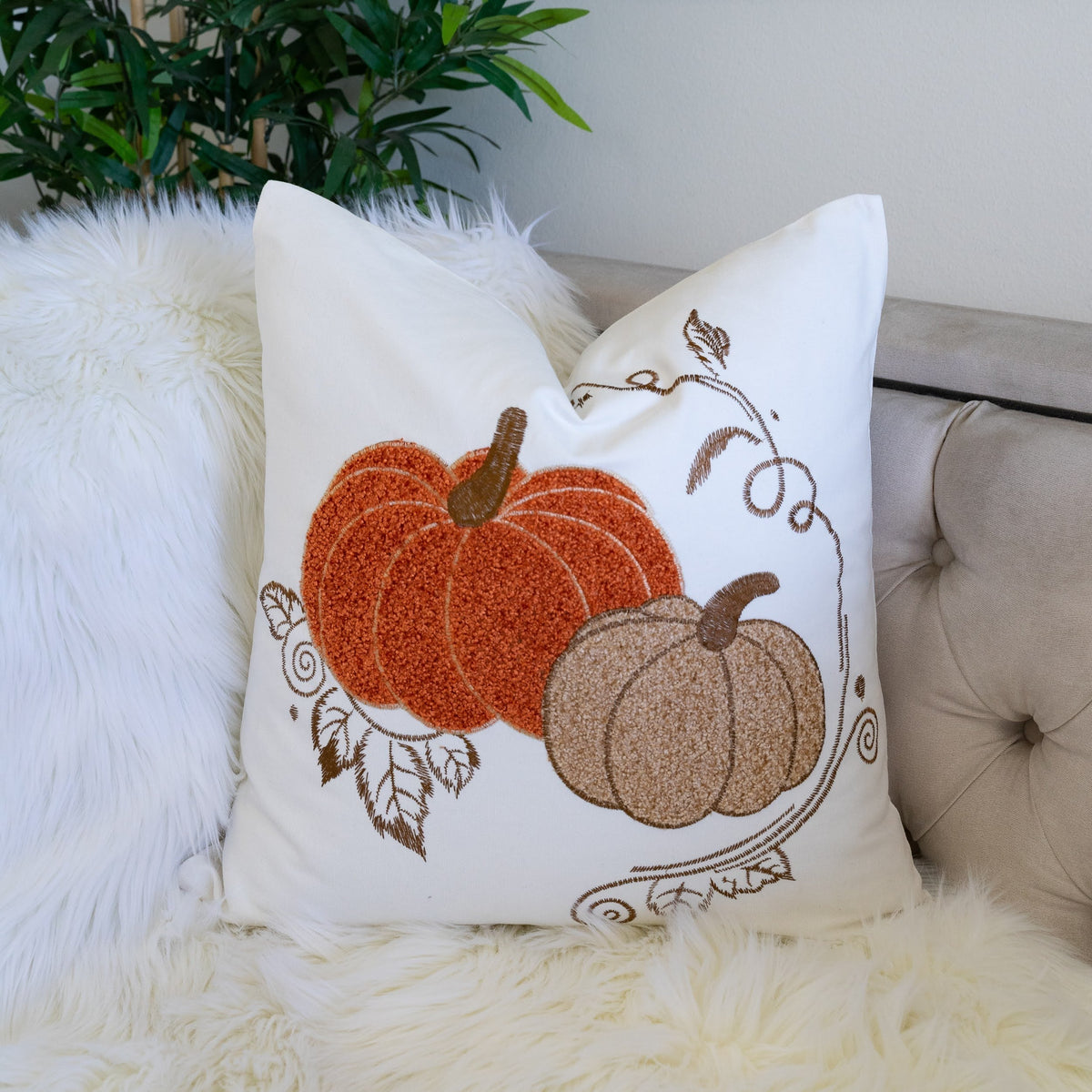 Embroidered Harvest Pumpkin Throw Pillow with Autumn Detailing - White/Rust/Gold