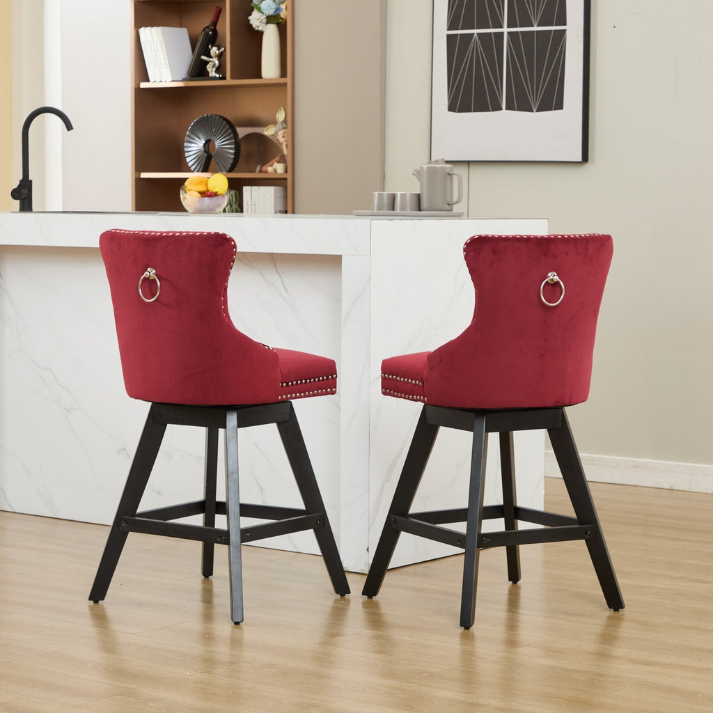 Swivel Velvet Barstools with Button Tufted Decoration - Set of 2 with 360° Swivel - Wine Red