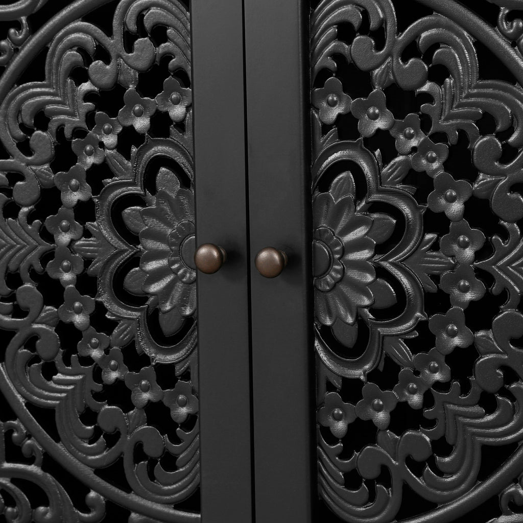 60" Antique Buffet Cabinet with Floral Carvings - Black