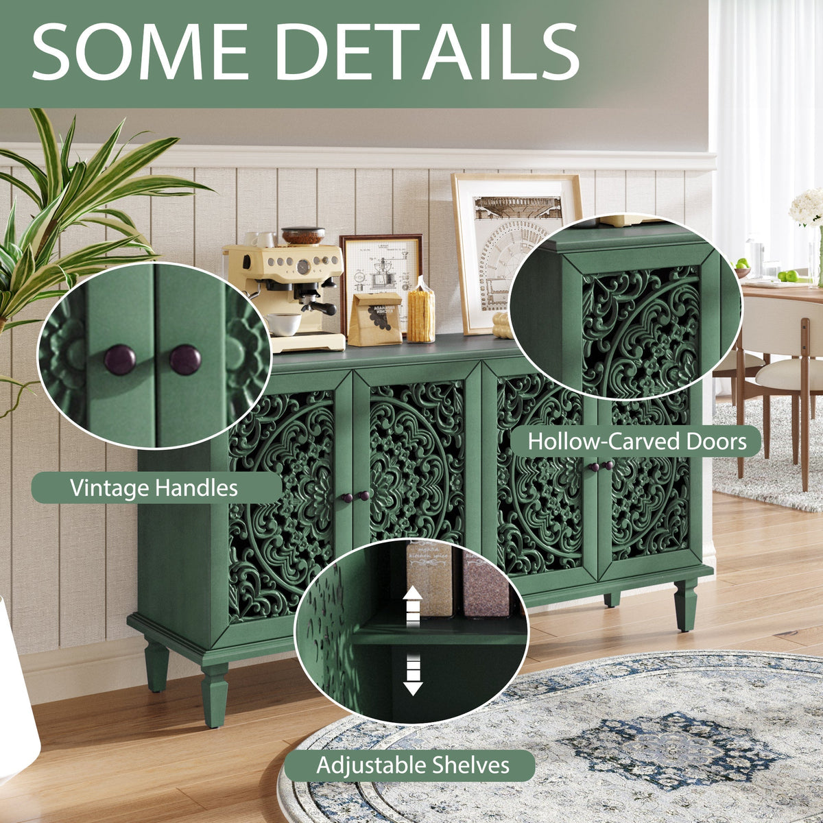 60-Inch Antique Buffet Cabinet with Floral Carvings - Antique Green