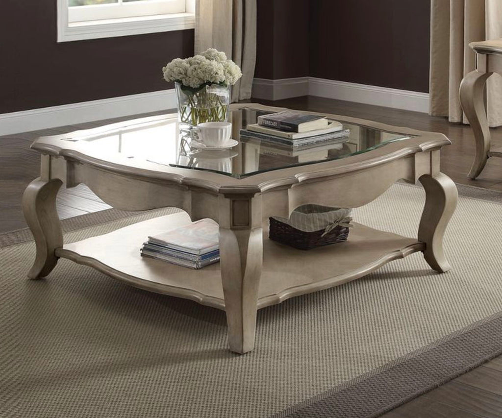 Chelmsford Clear Glass Coffee Table with Beveled Top and Shelf – Taupe