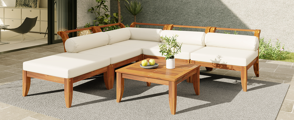 6 Piece Acacia Wood Outdoor Modular Sectional with Daybed - Teak Beige