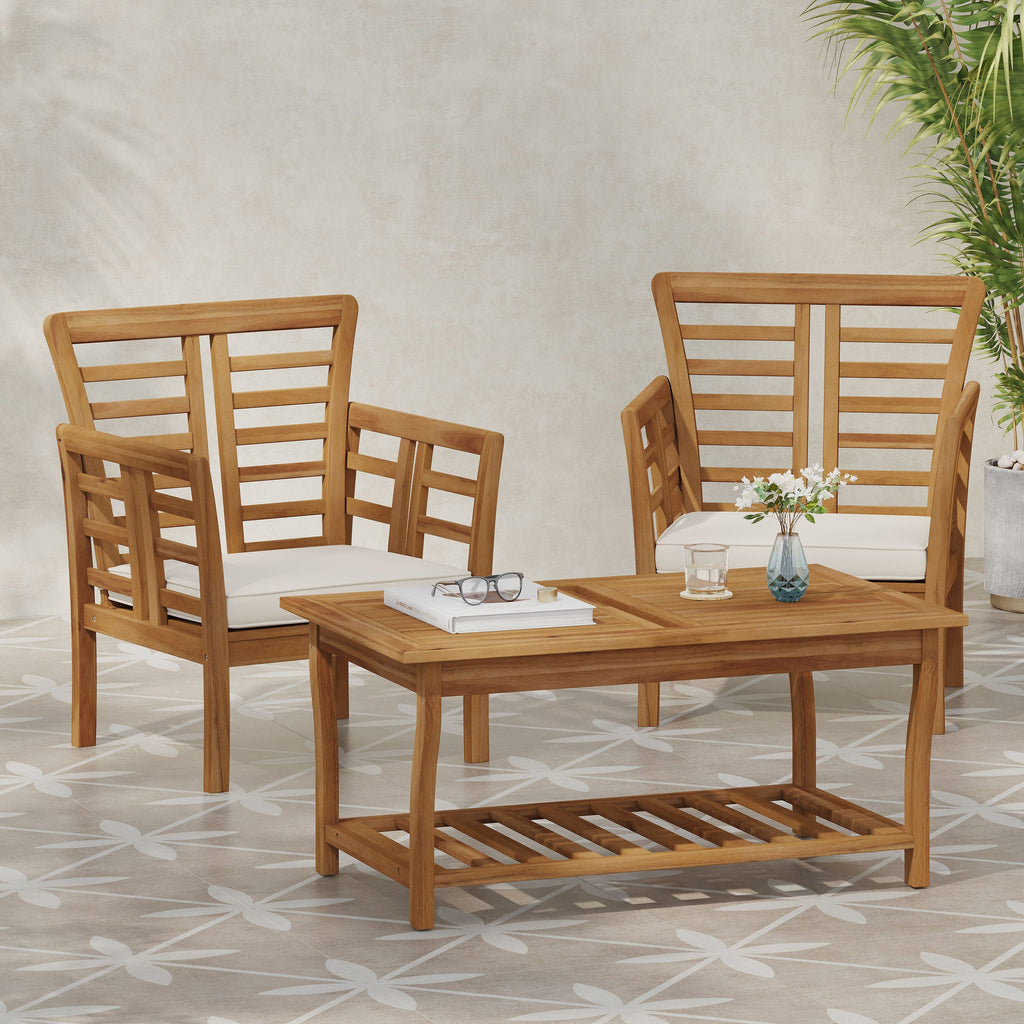 Caydon 2 Club Chairs + Table Outdoor Set with Slat Panel Design - Natural Wood