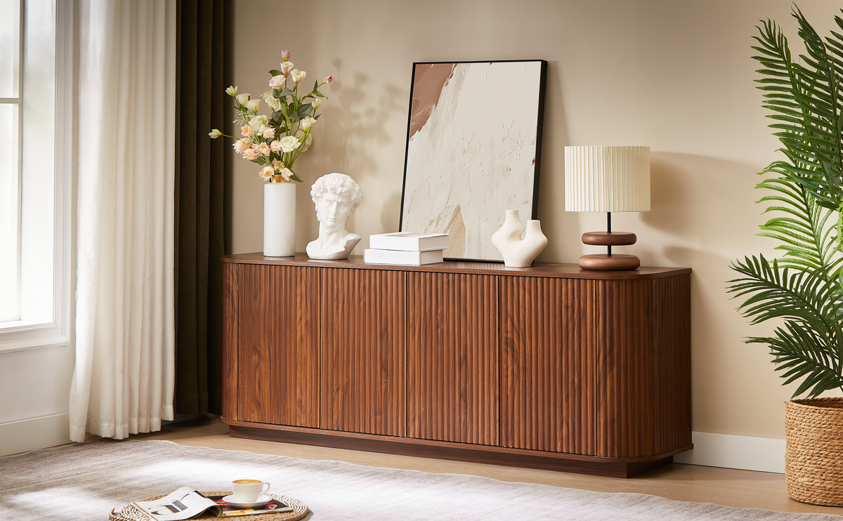 Walnut Sideboard Storage Cabinet with Wave Pattern - 64" Wide