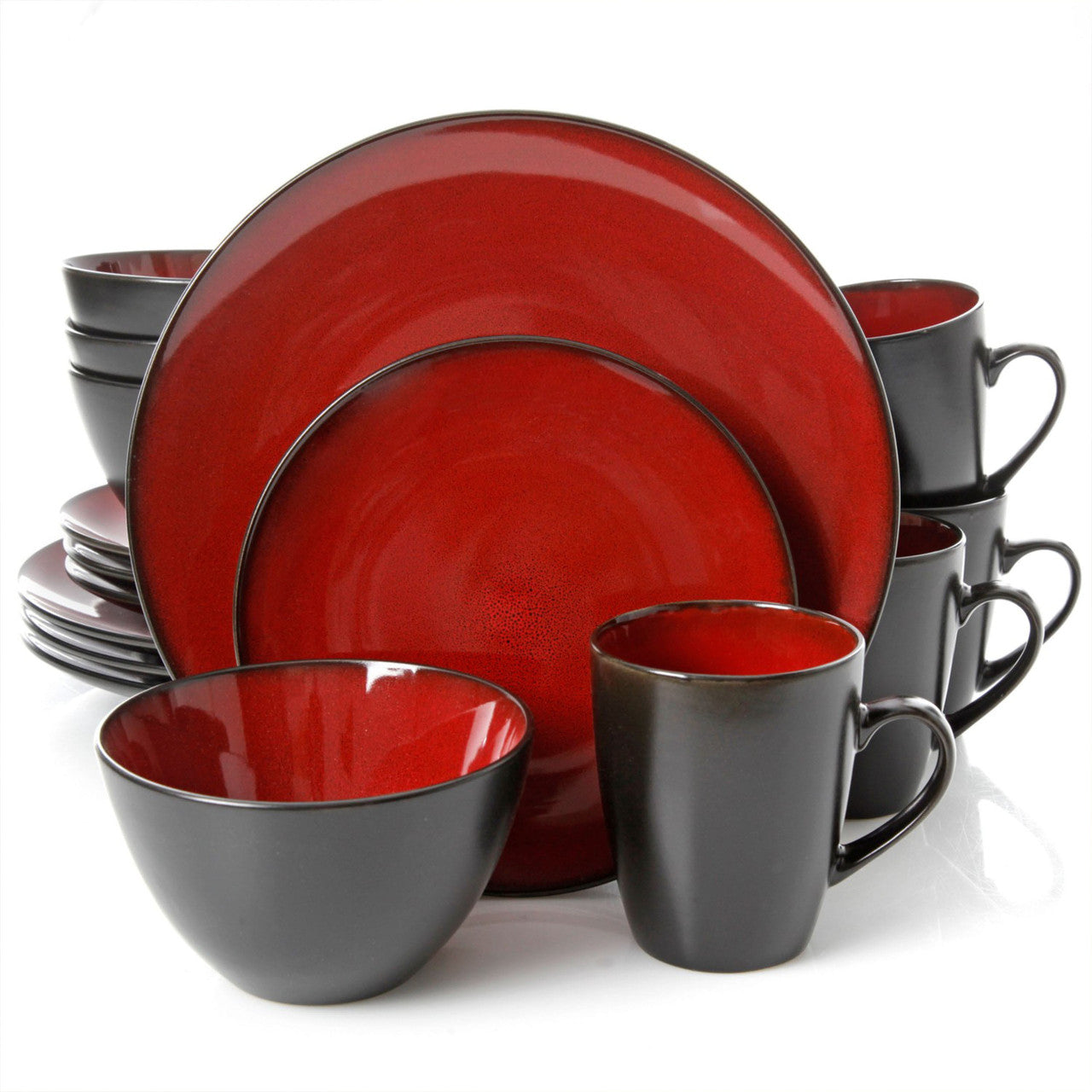 Gibson Soho Lounge Round 16 Piece Stoneware Dinnerware Set in Two Tone Burgundy/Black