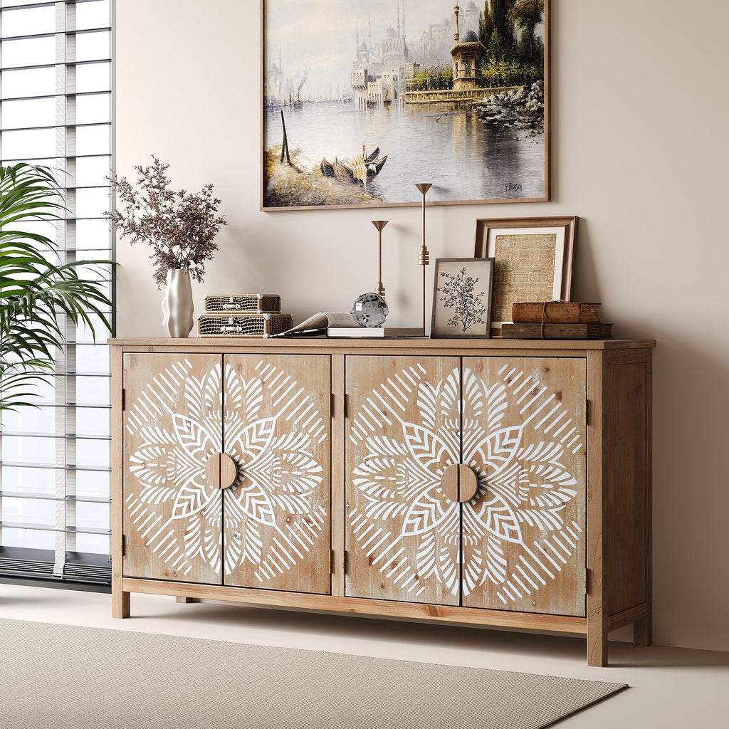 60" Wood Accent Cabinet with 4 Doors - Antique Brown and White