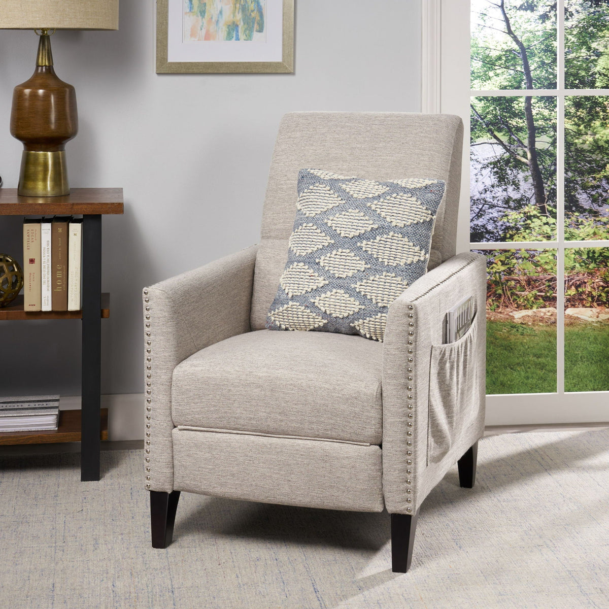 Kiersten Contemporary Fabric Pushback Recliner with Nailhead Trim - Gray, Light Blue, or Beige