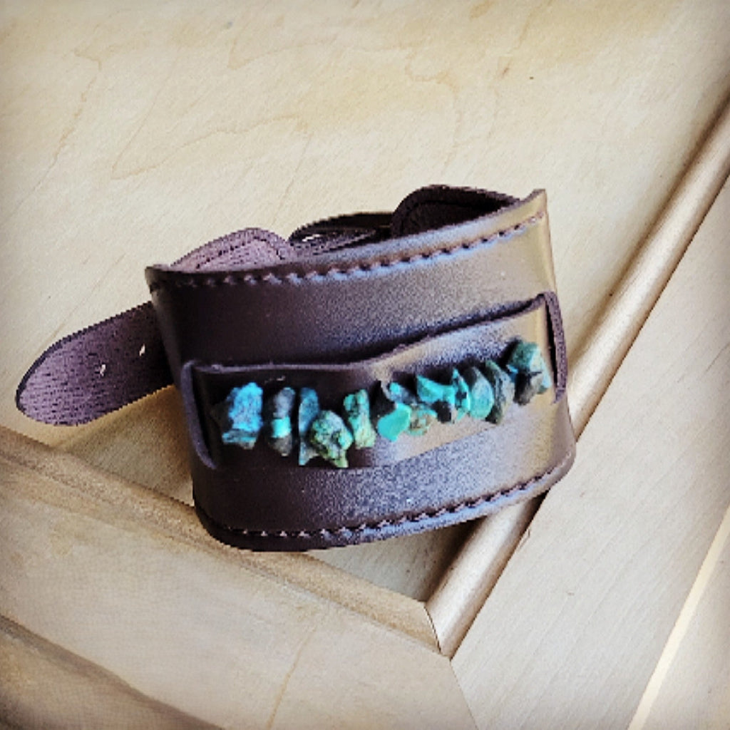 **Wide Dark Leather Cuff with Natural Turquoise Chunks 011y