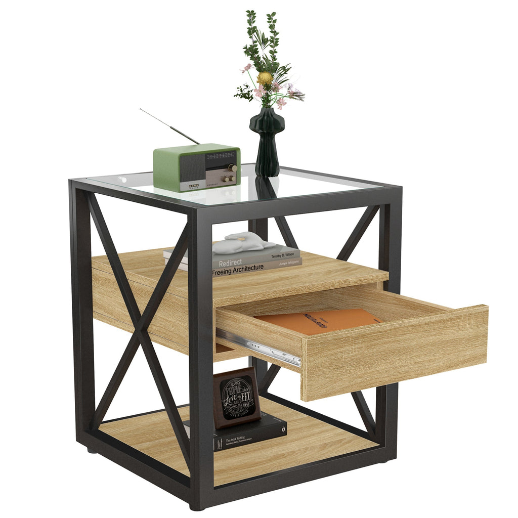 Modern End Tables with Drawer - Set of 2 Nightstands with Tempered Glass Top