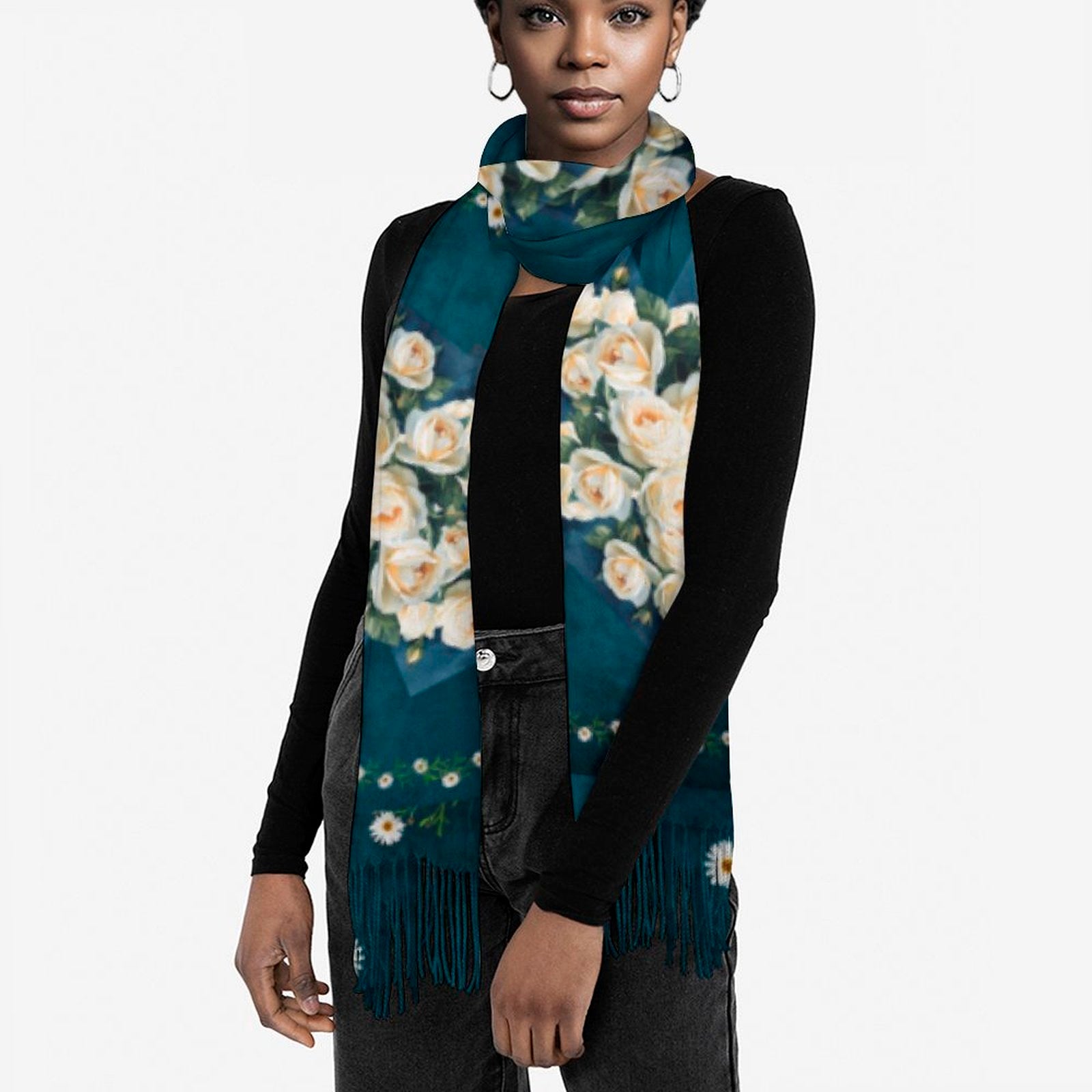 Floribunda & Indigo Panel Tassel Scarf - Exclusive Design