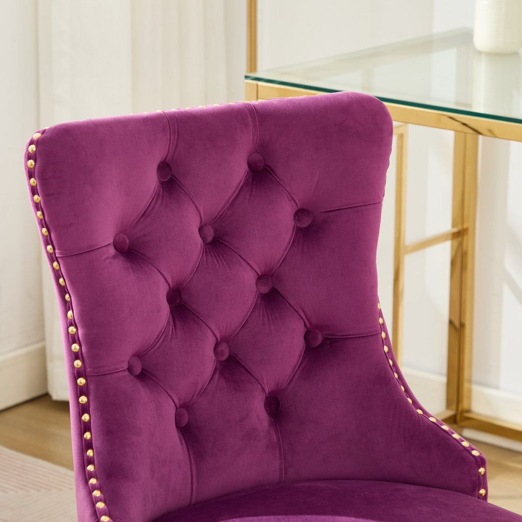Purple Modern Velvet Upholstered Office Chair with Tufted Buttons - Golden Accents