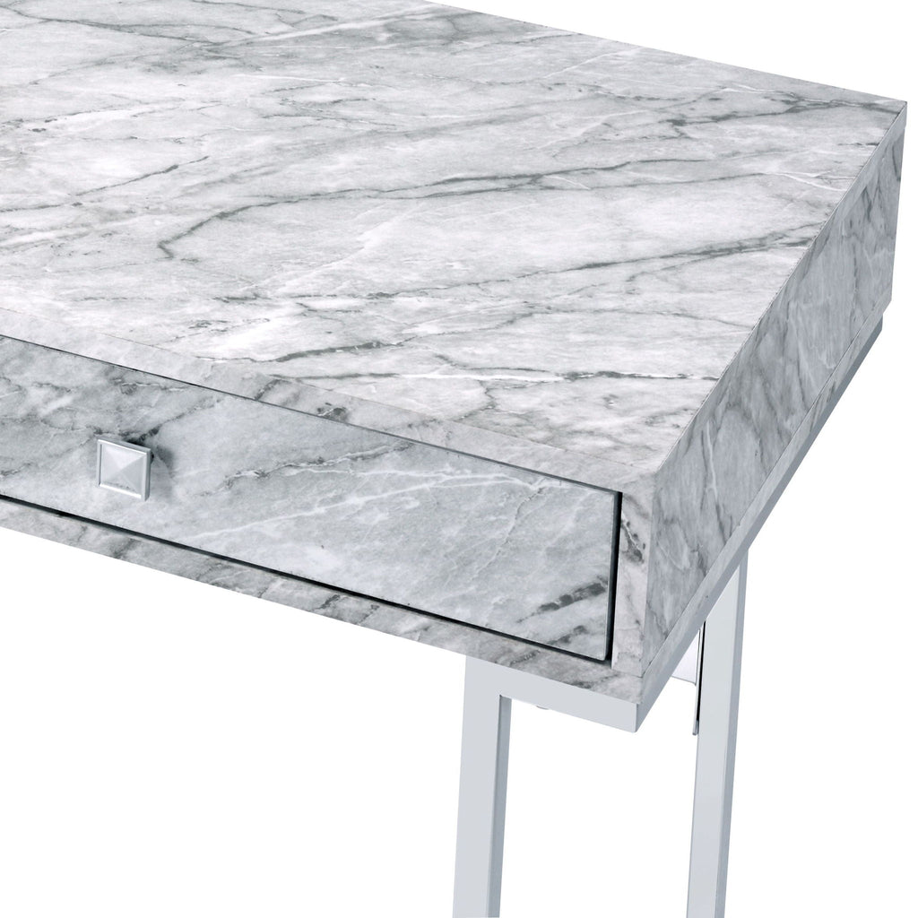 White Faux Marble Writing Desk with Storage Drawers - White