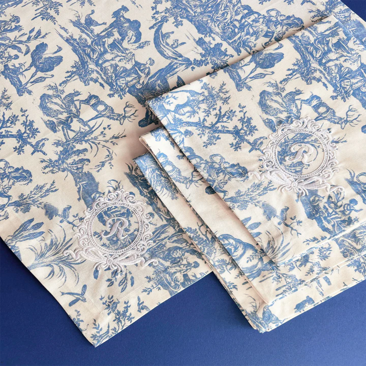 French Toile de Jouy Premium Cotton Napkin with Royal Embroidery Set of 4