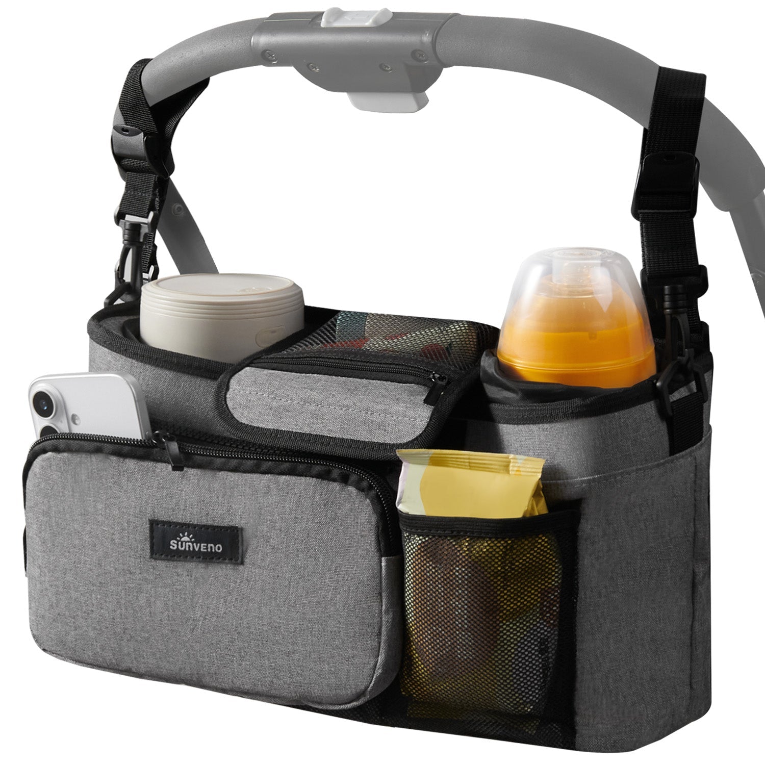 SUNVENO Universal Stroller Organizer with Insulated Cup Holder Detachable Phone Bag