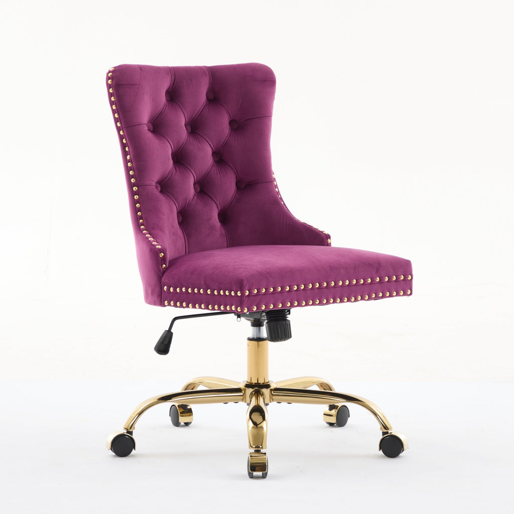 Purple Modern Velvet Upholstered Office Chair with Tufted Buttons - Golden Accents