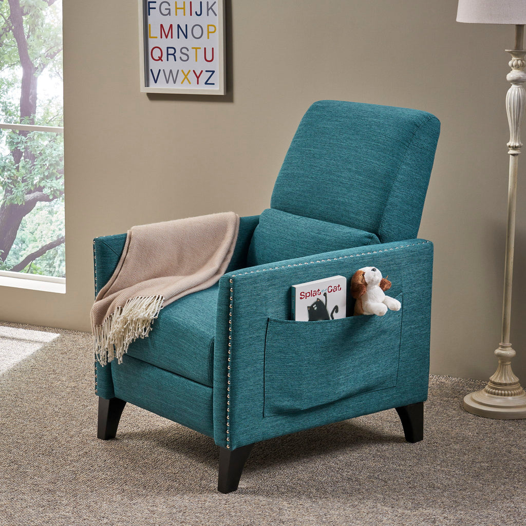 Kiersten Contemporary Fabric Pushback Recliner with Nailhead Trim - Gray, Light Blue, or Beige