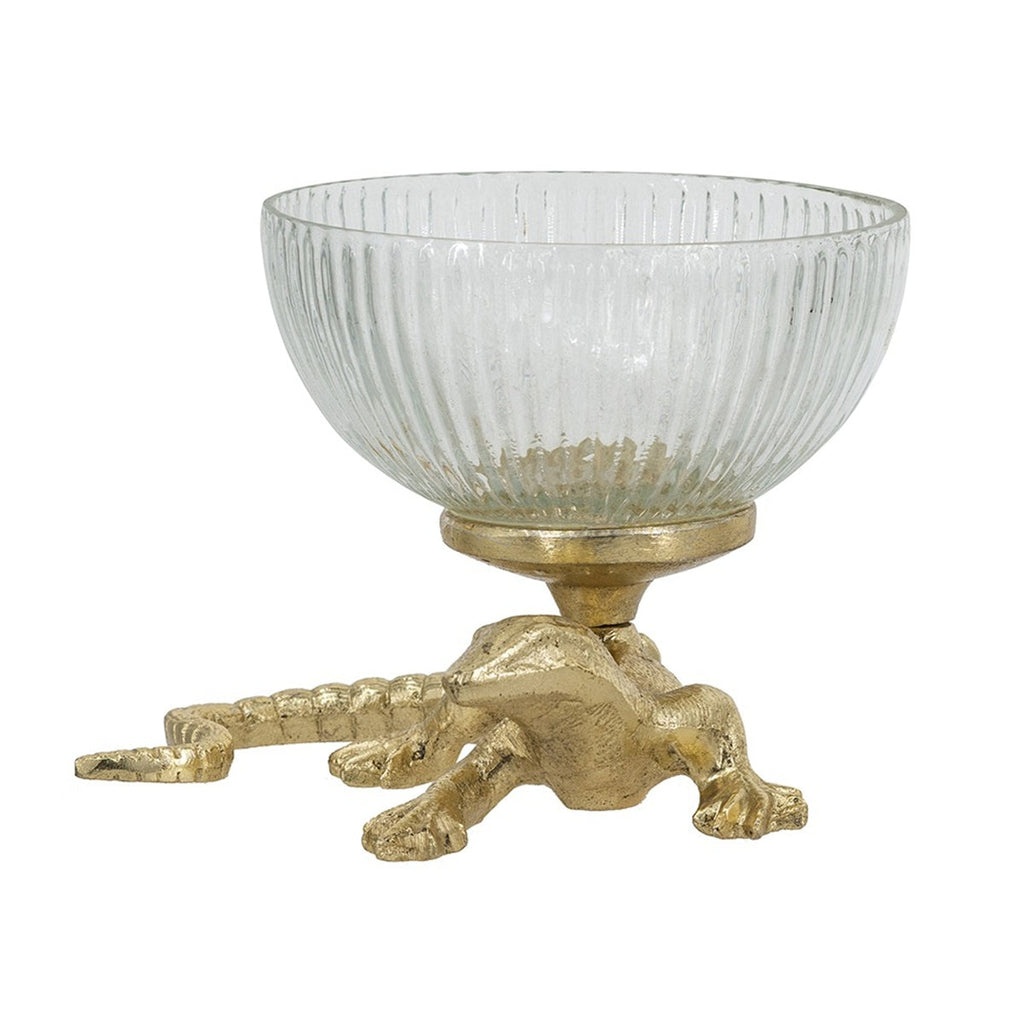 Gold Lizard Pedestal Bowl with Ribbed Glass Dish - Gold+Clear