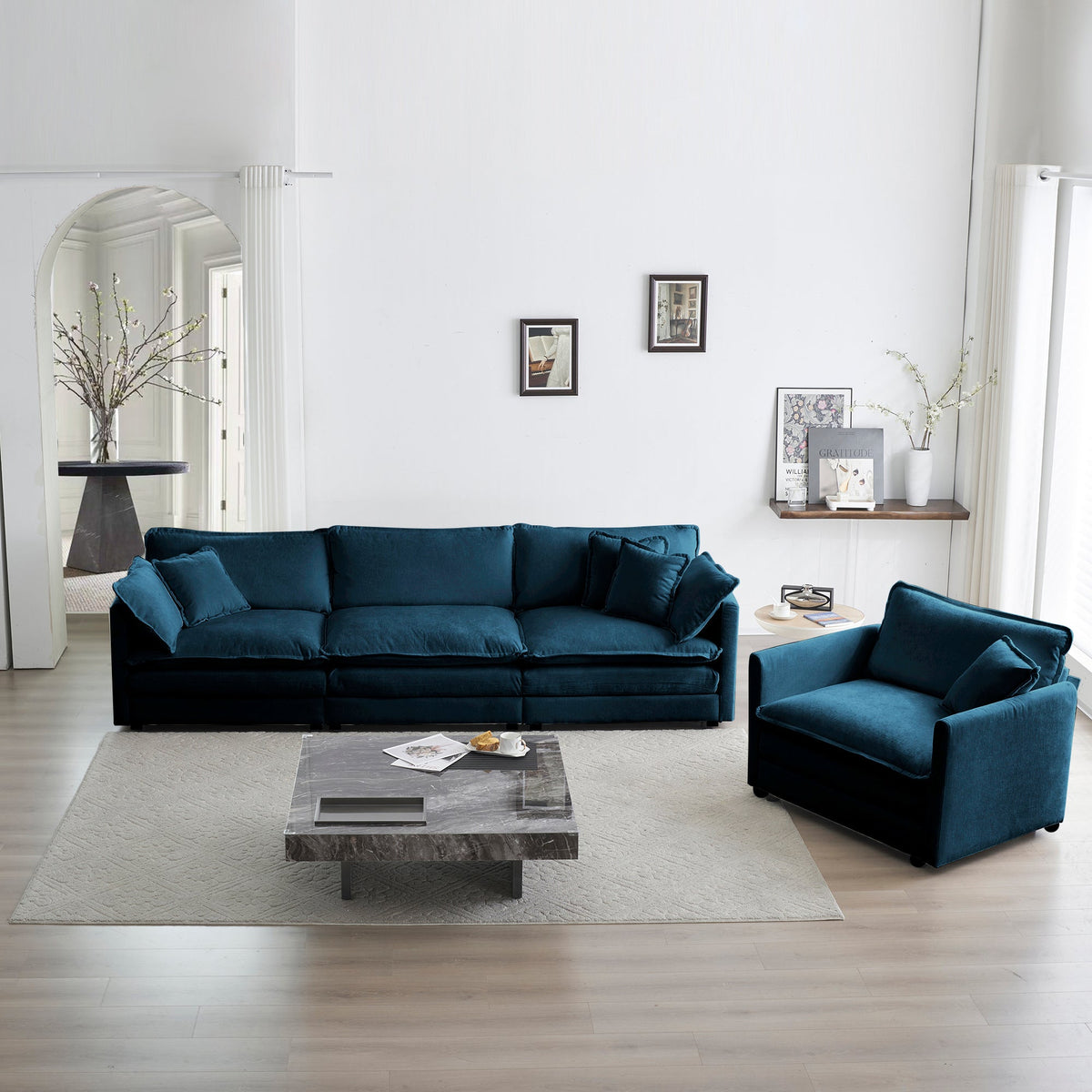 Blue Chenille 2-Piece Upholstered Sectional Sofa Set with Solid Wood Frame