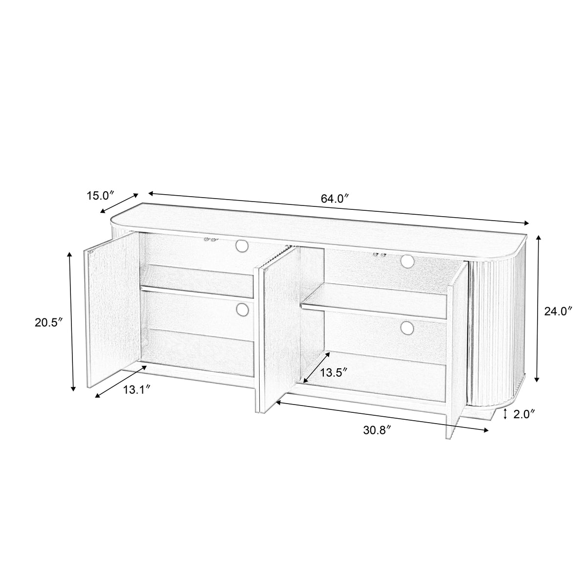Walnut Sideboard Storage Cabinet with Wave Pattern - 64" Wide
