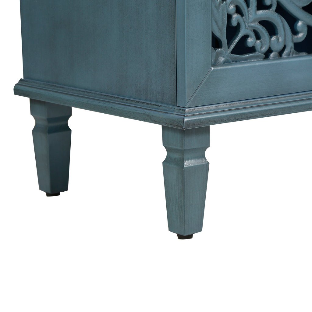 Antique Blue Buffet Cabinet with Floral Carvings and Adjustable Shelves
