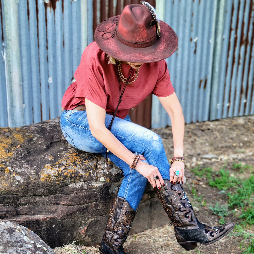 Hand-Painted Leopard Boho Western Cowgirl Hat & Band-Red 987k
