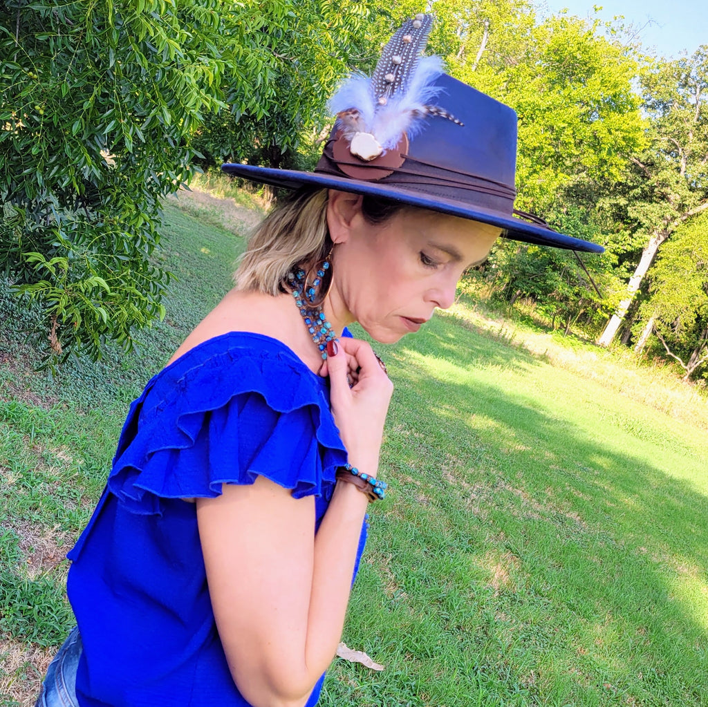 Hand-Painted Leopard Boho Western Cowgirl Hat & Band-Navy 987L