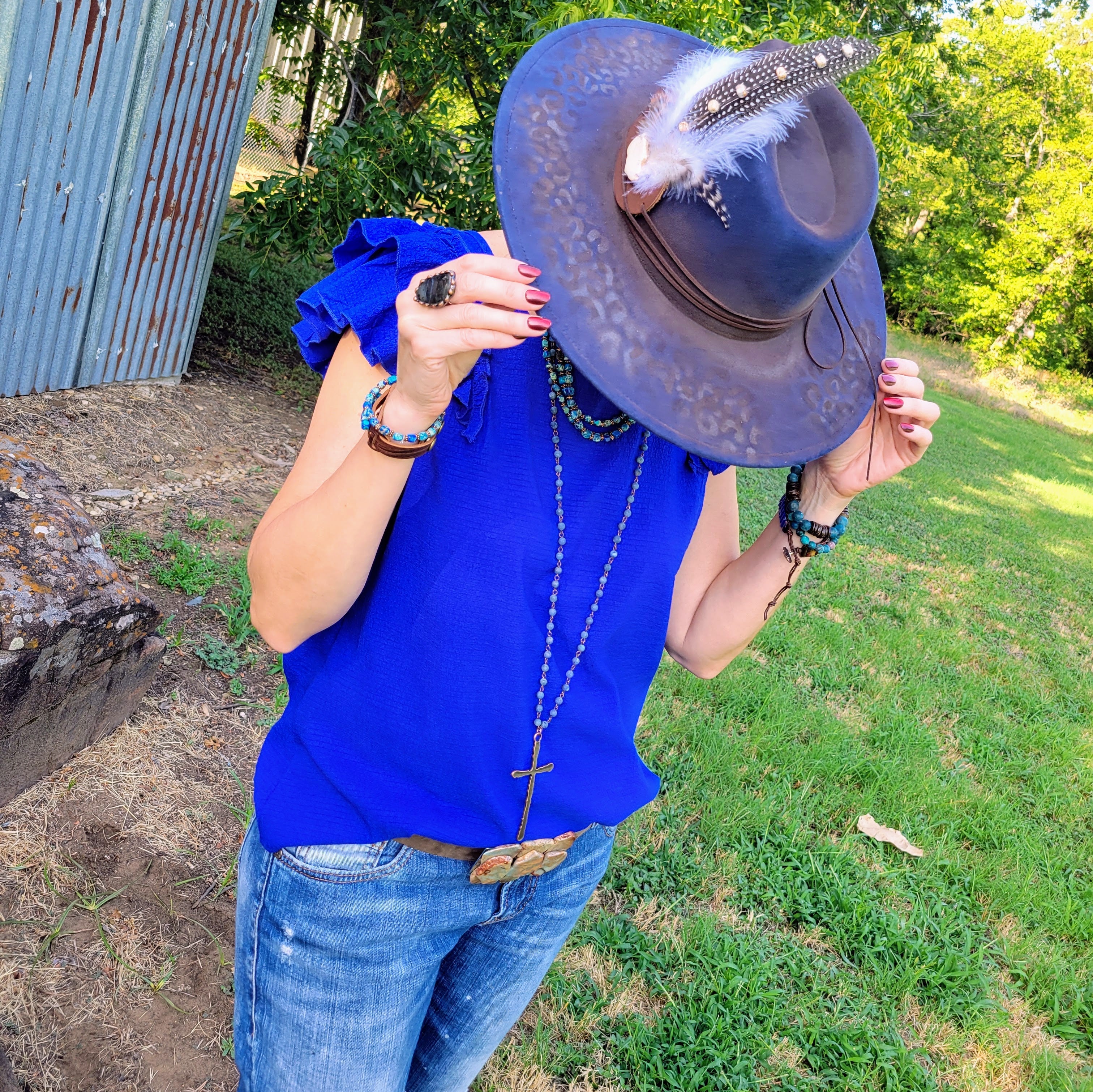 Hand-Painted Leopard Boho Western Cowgirl Hat & Band-Navy 987L