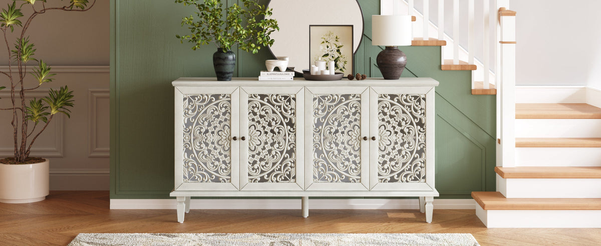 Antique Buffet Cabinet with Floral Carvings and Solid Wood Legs - Antique Grey White