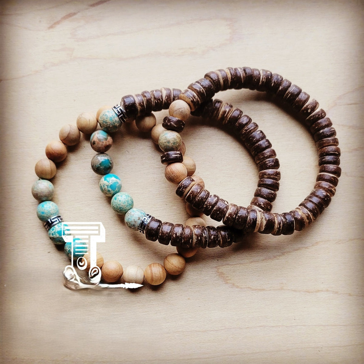 Wood and Imperial Jasper Stretch Bracelet Trio 808a