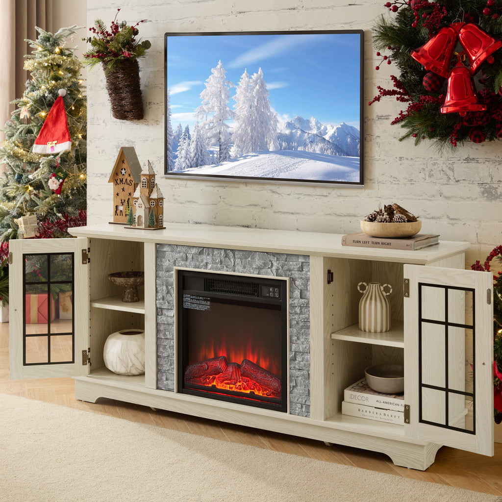 58" Modern TV Stand with Electric Fireplace and Storage - White