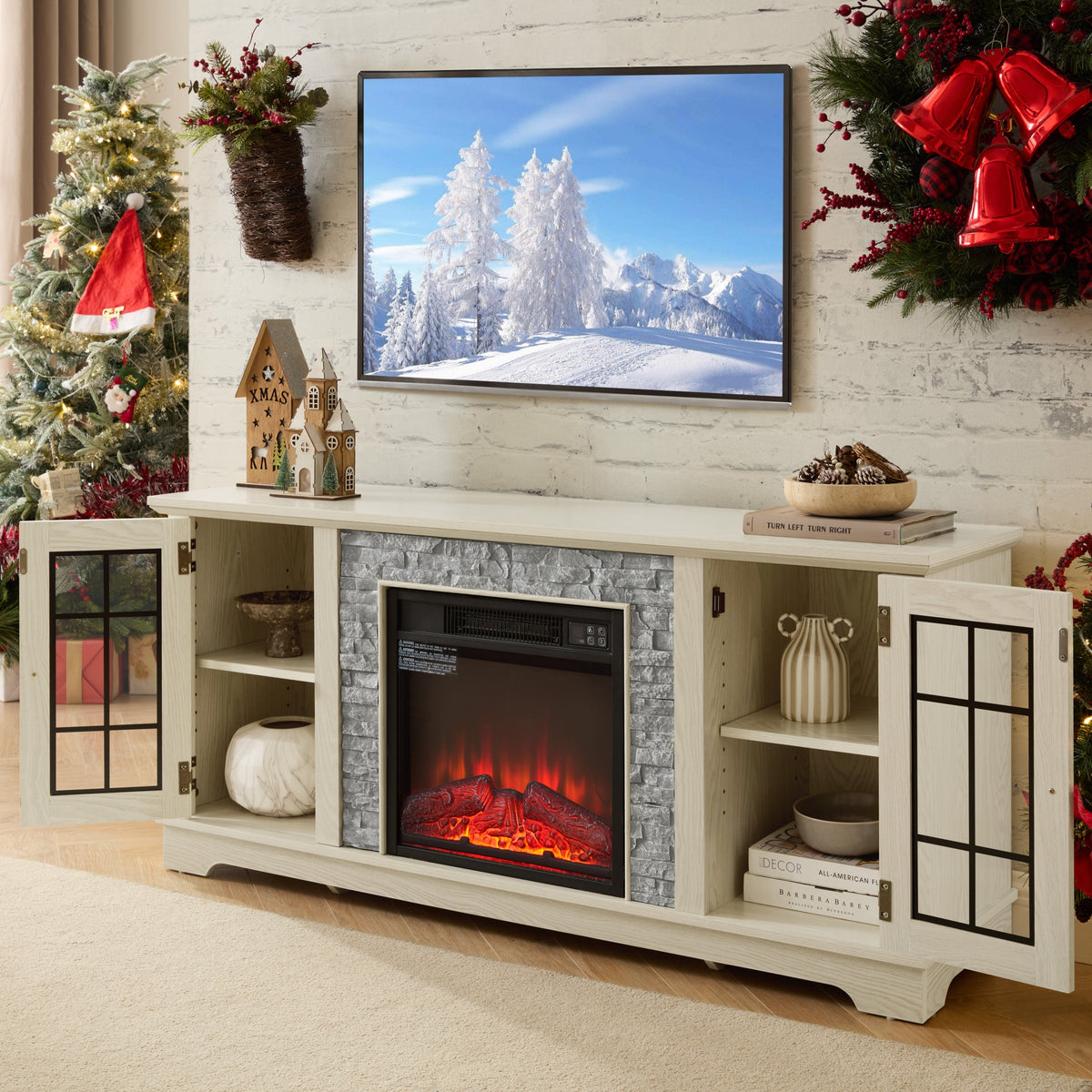 58" Modern TV Stand with Electric Fireplace and Storage - White