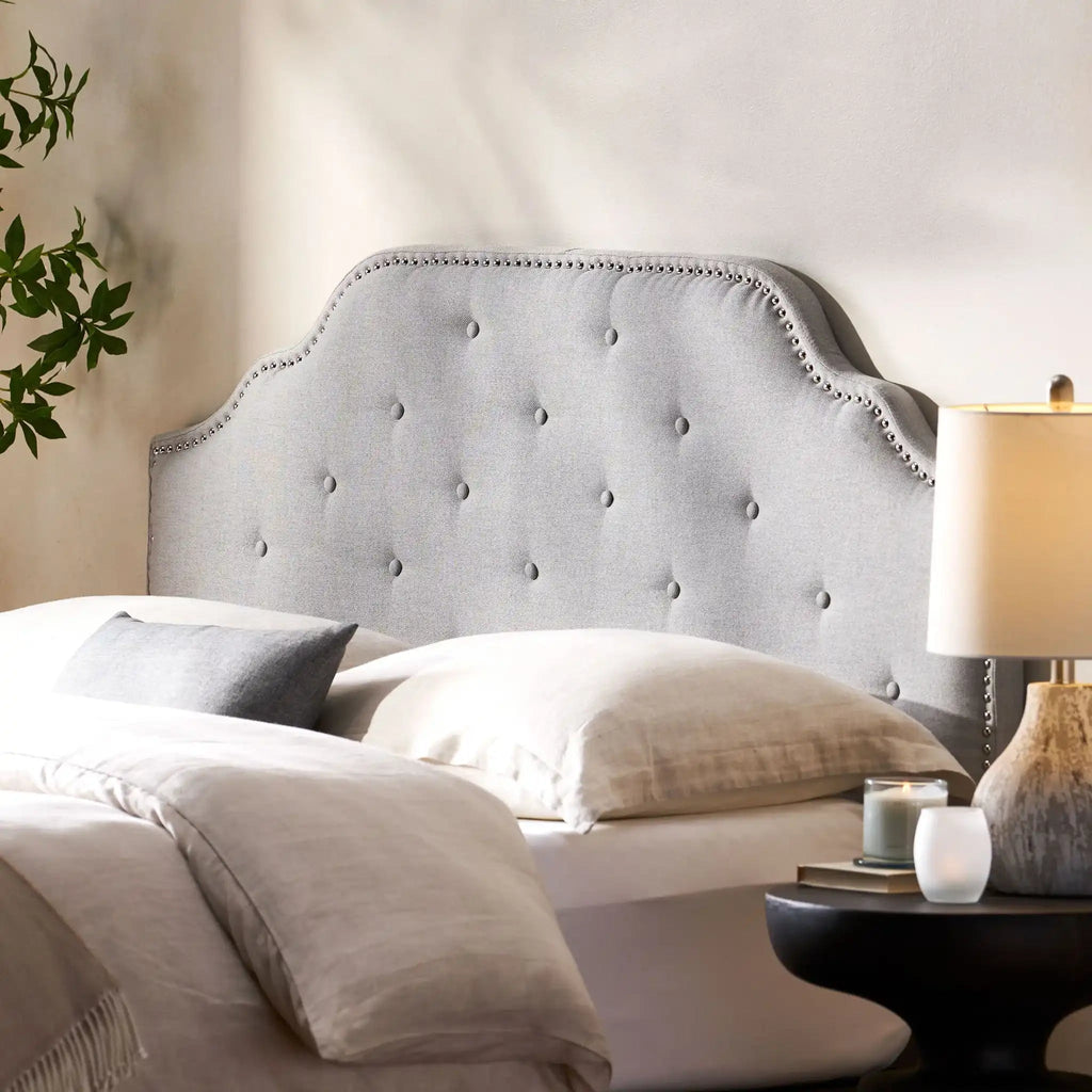 Luella Button Tufted Upholstered Headboard with Fabric Finish – Queen, Beige, Gray, Dark Gray