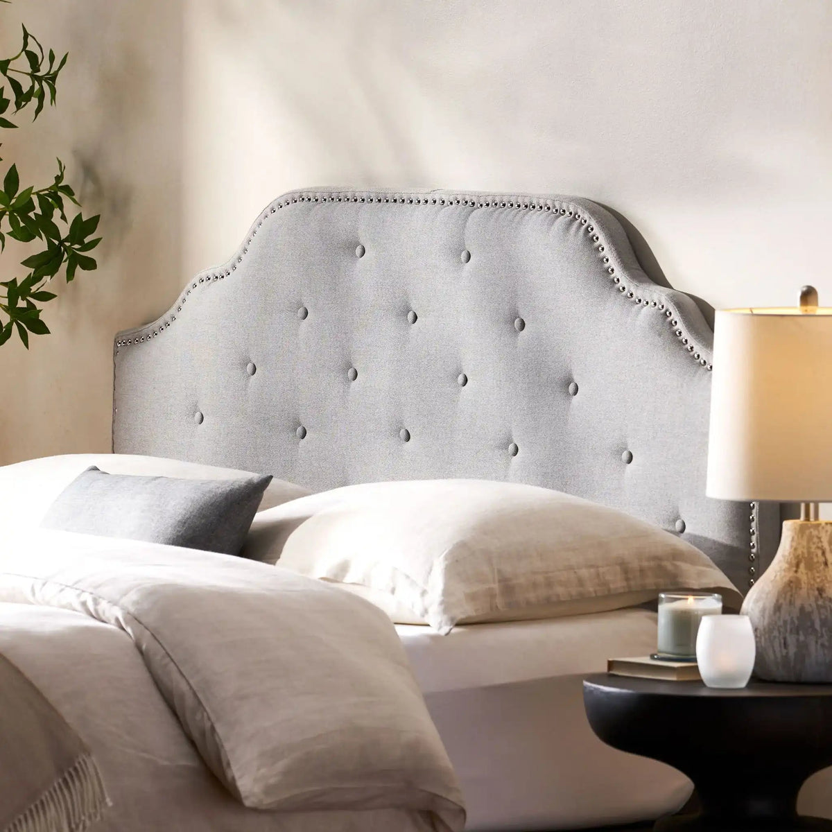 Luella Button Tufted Upholstered Headboard with Fabric Finish – Queen, Beige, Gray, Dark Gray