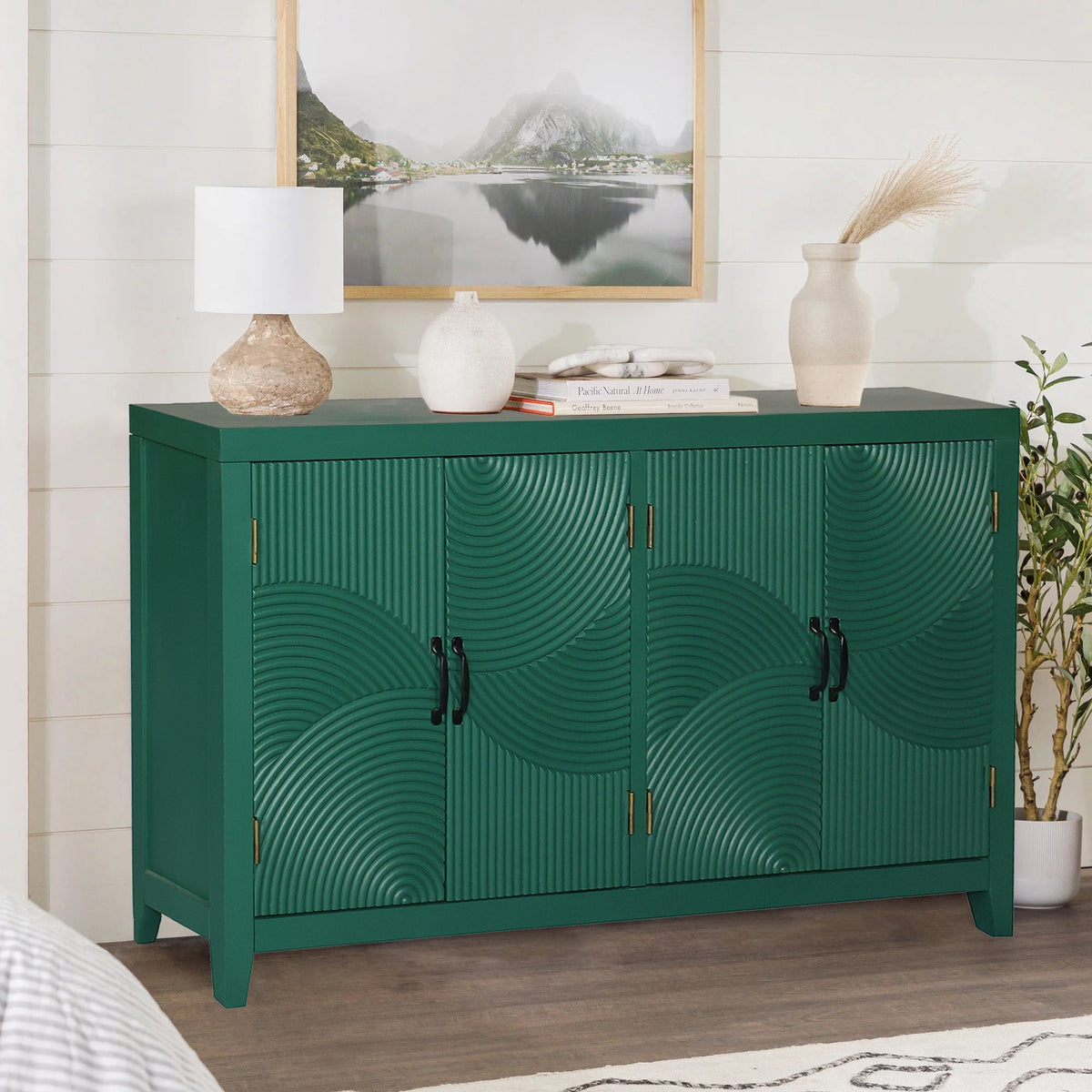59in Green Accent Cabinet with 4 Doors - Mid Century Modern Buffet - Dark Green