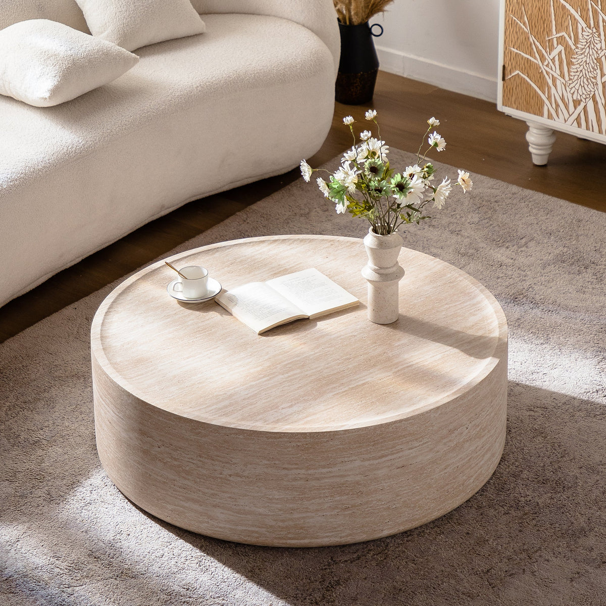 39.37" Round Coffee Table with Mars Pattern - Beige