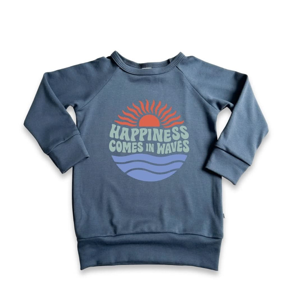 Baby/Kids' Bamboo Graphic Raglan Pullover | "Happiness Comes In Waves" On Navy