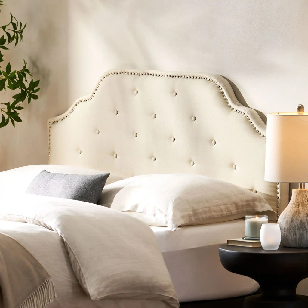 Luella Button Tufted Upholstered Headboard with Fabric Finish – Queen, Beige, Gray, Dark Gray