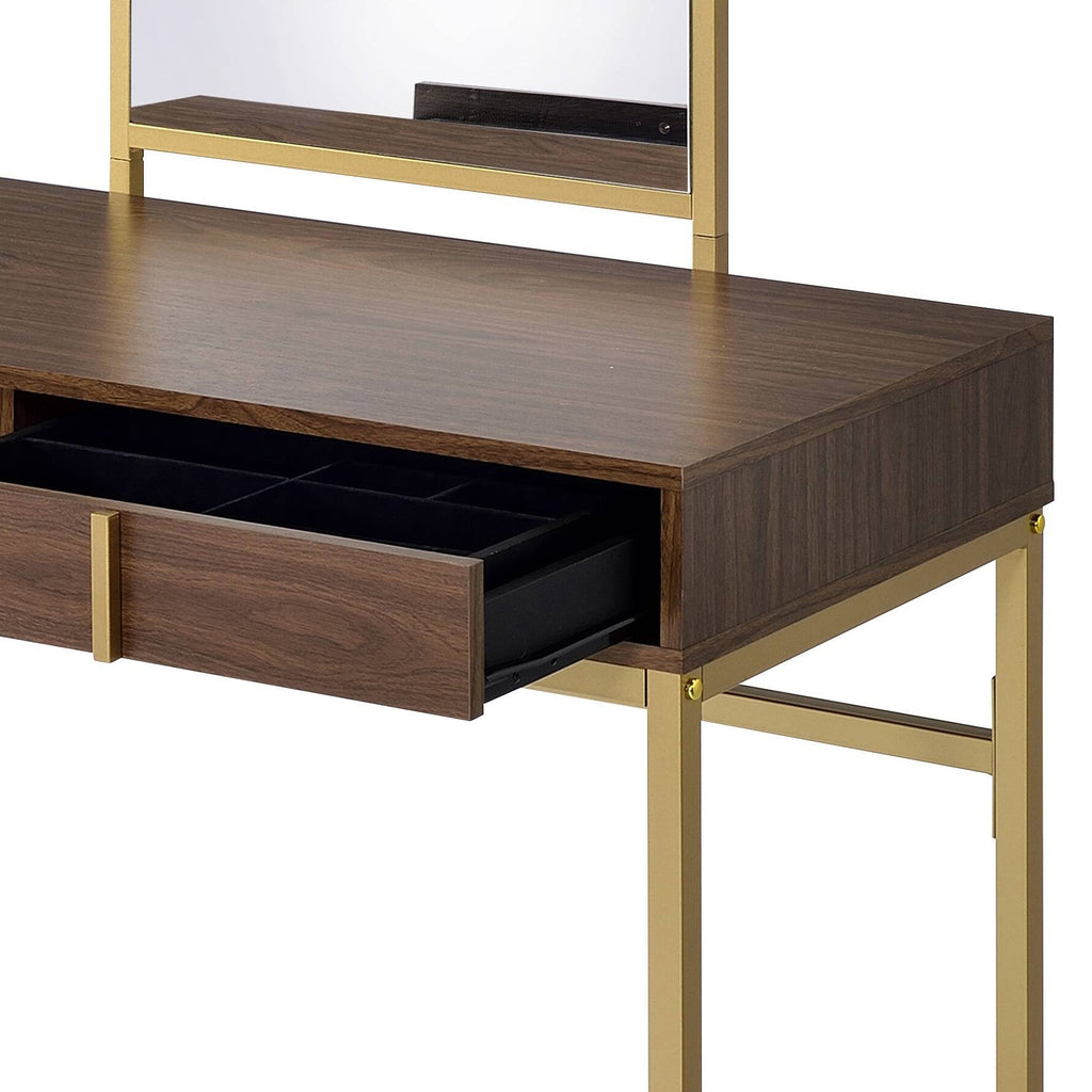 Walnut & Gold Finish Vanity Desk with Mirror & Jewelry Tray – Coleen
