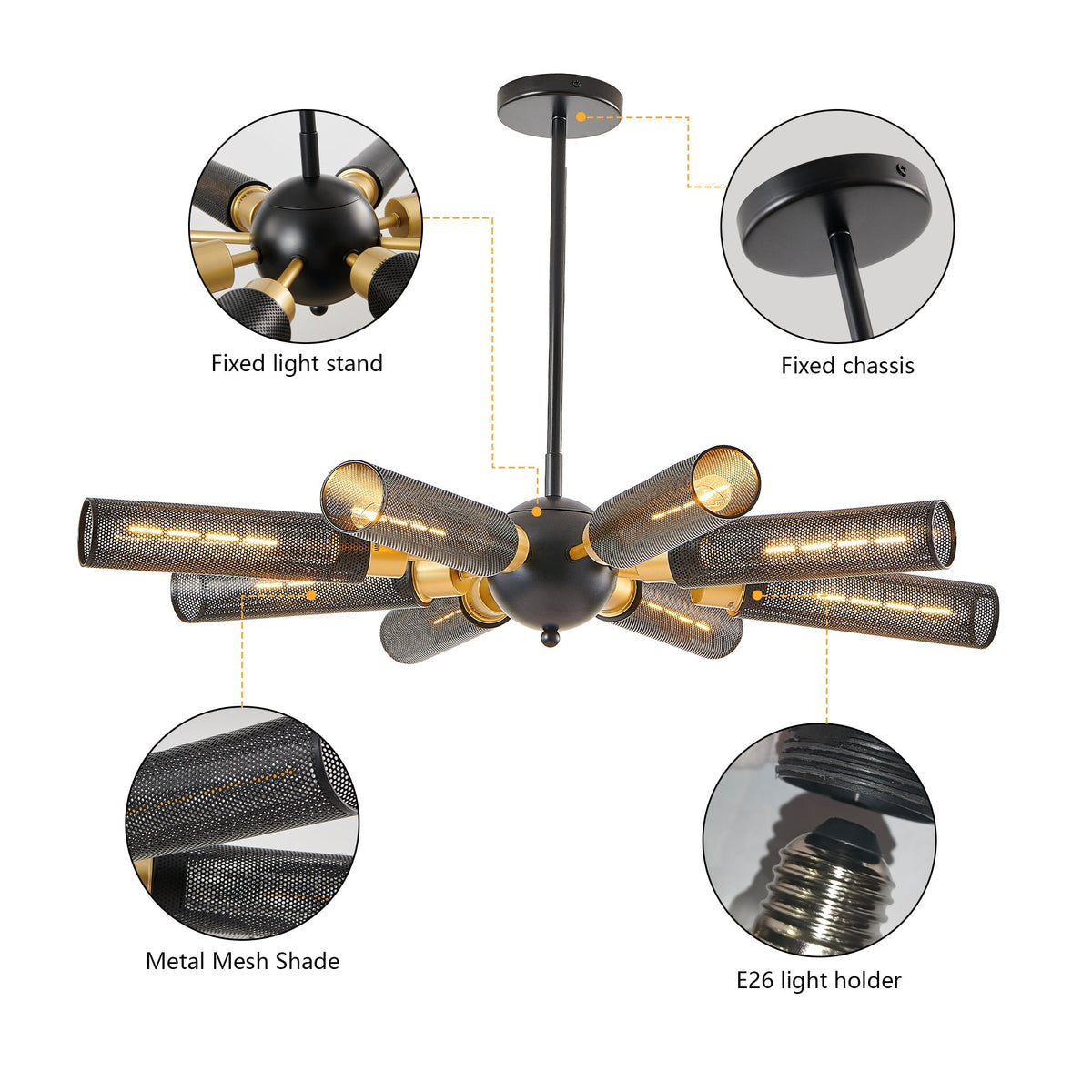 Modern Industrial Sputnik 8-Light Chandelier with Adjustable Height - Black